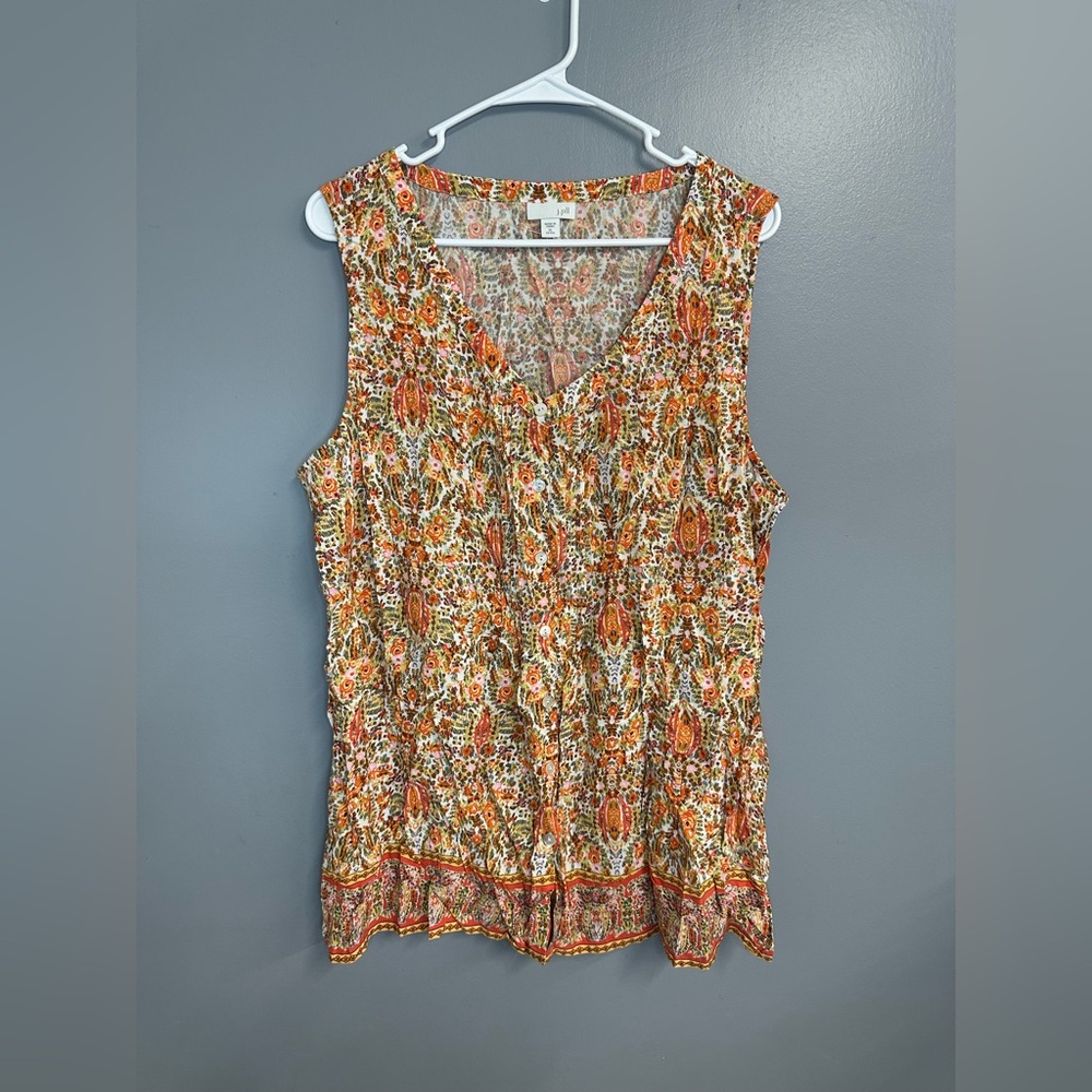 J. Jill Sleeveless V-Neck Paisley Floral Top in Orange and Cream